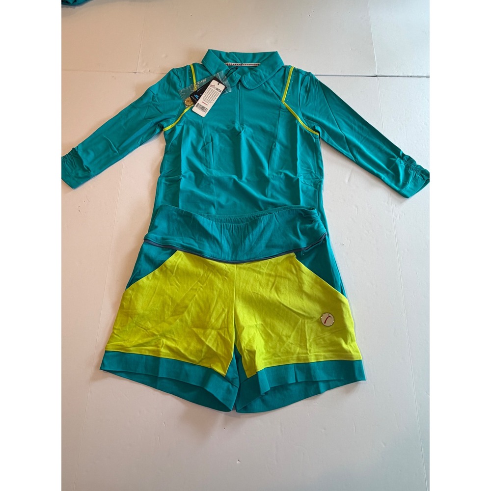 SwingDish Womens Golf Set Teal Neon Yellow Long Sleeve Polo Top and Shorts Small